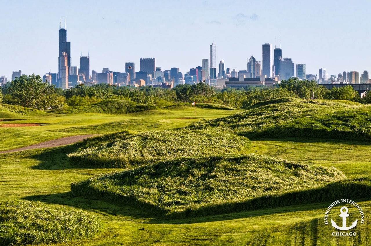 Harborside International Port Course, treeless links fairway and fescue on Chicago's south side