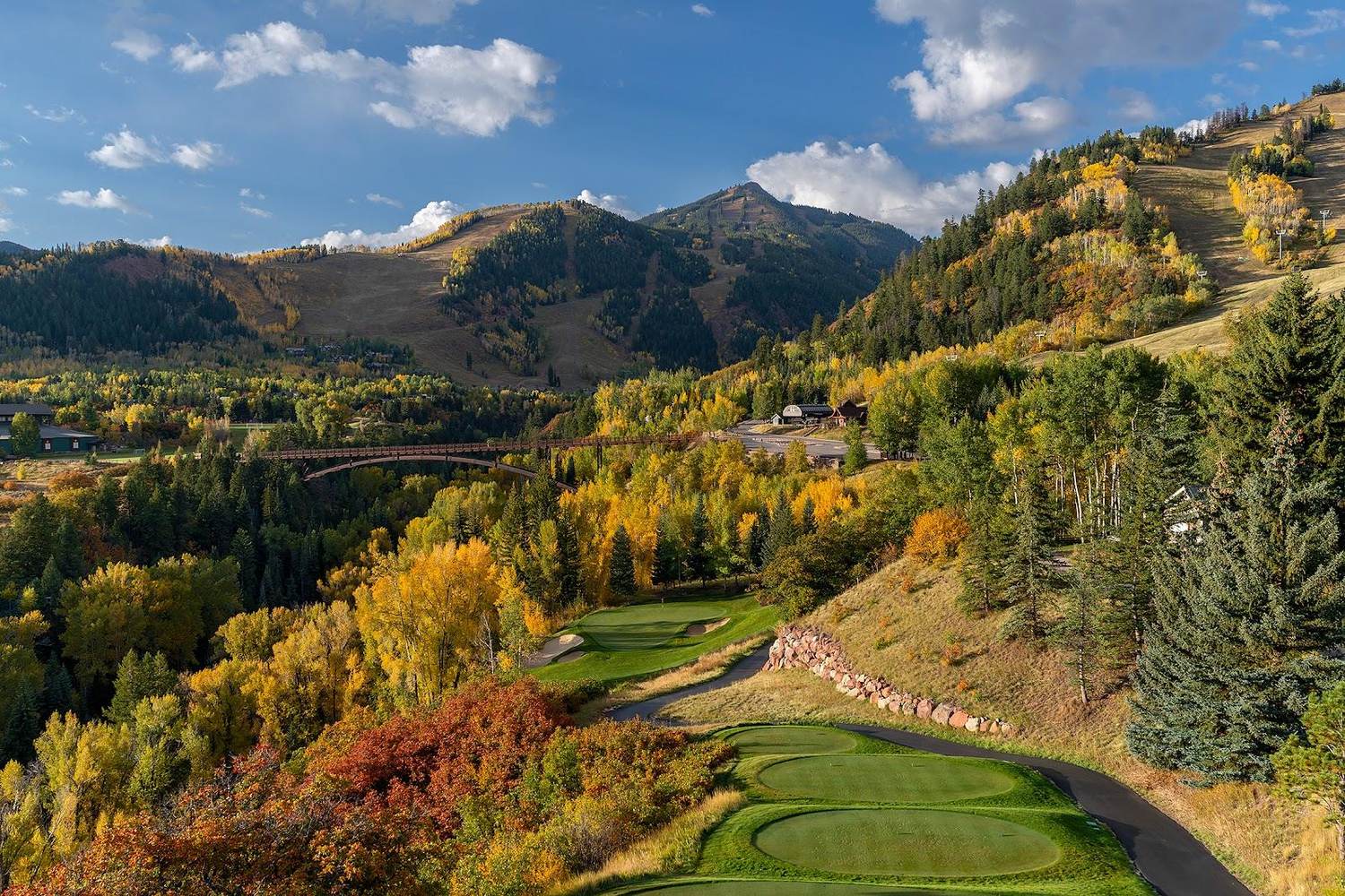 Maroon Creek Club, fairway beneath Buttermilk Mountain along Maroon Creek in Aspen, Colorado