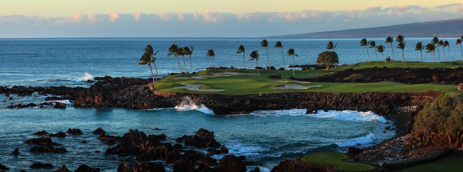 Mauna Lani Resort golf, South Course fairway running through black lava toward the Pacific on the Kohala Coast of Hawaii