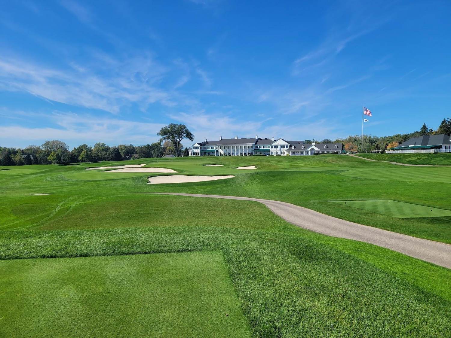 Oakland Hills South Course, deep bunkering framing a fast green at Bloomfield Township, Michigan
