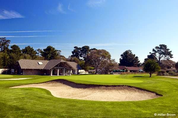 Del Monte Golf Course, tree lined fairway and classic small green in Monterey, California