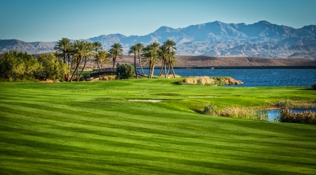 Reflection Bay Golf Club, a fairway running along the shoreline of Lake Las Vegas in Henderson, Nevada