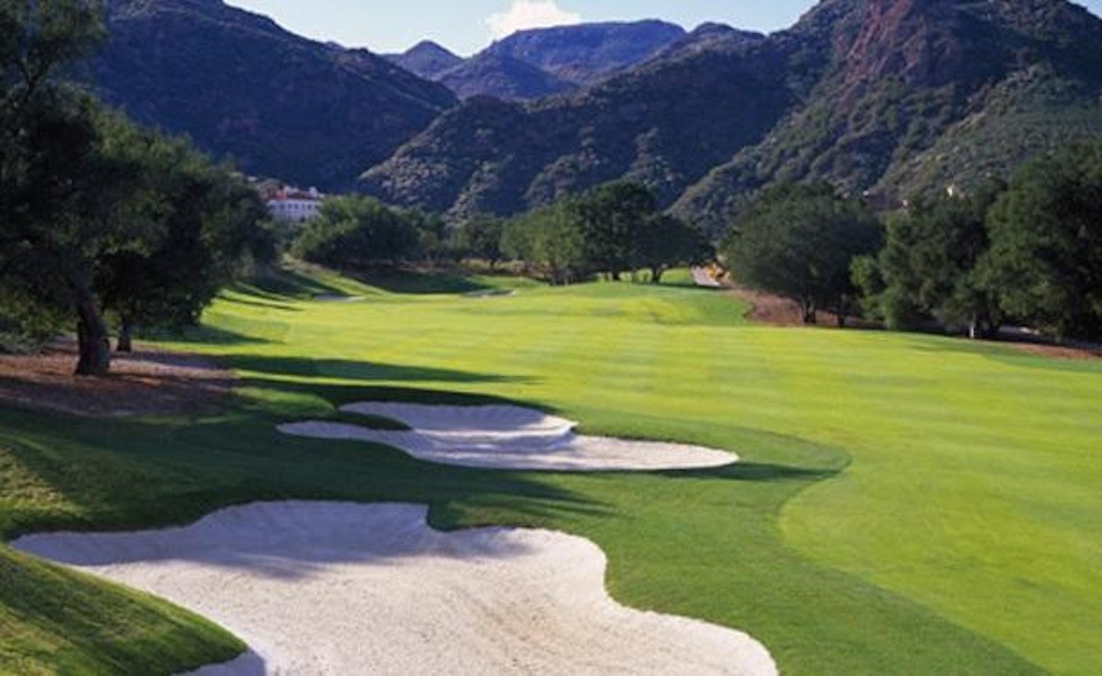 Sherwood Country Club, oak lined fairway against the Santa Monica Mountains in Thousand Oaks, California
