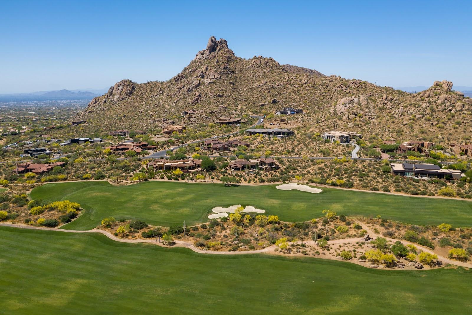 The Estancia Club, a desert fairway set against the granite of Pinnacle Peak in north Scottsdale, Arizona