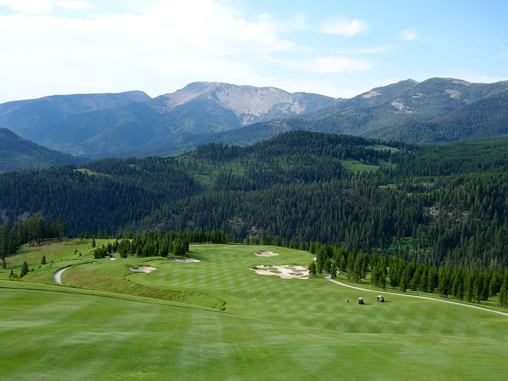 The Reserve at Moonlight Basin, mountain fairways high above Big Sky with the Spanish Peaks beyond, Montana