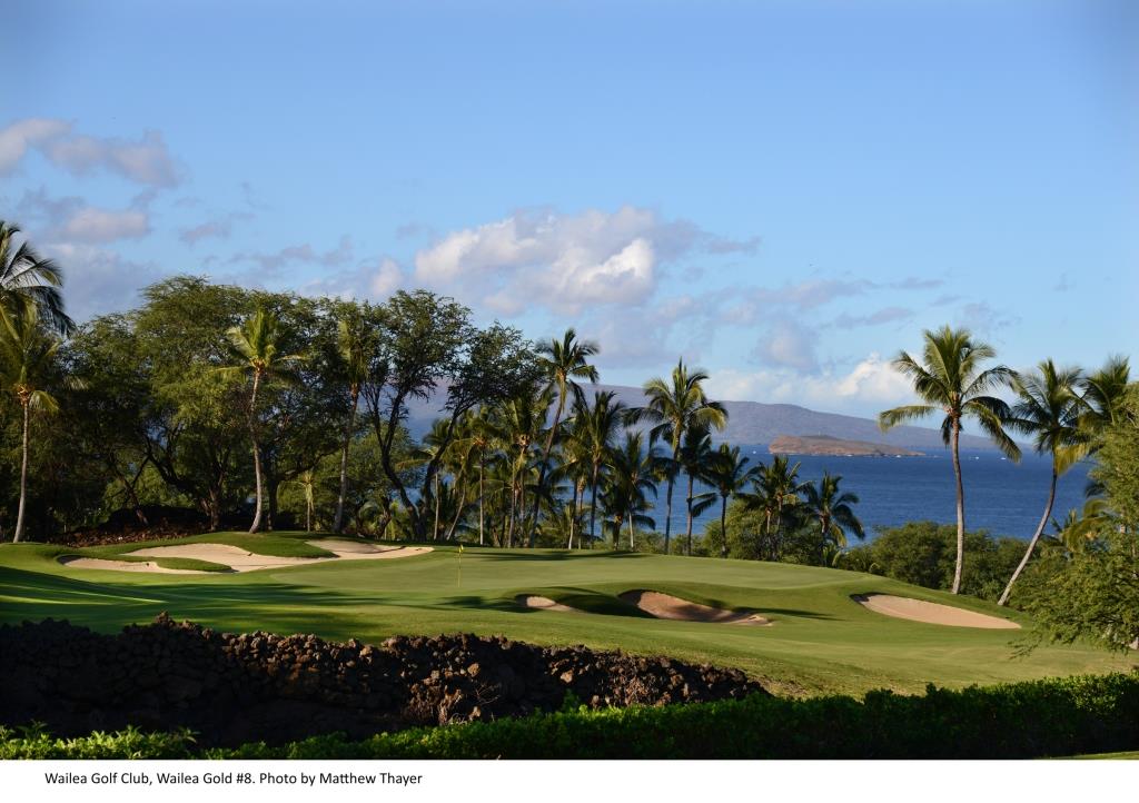 Wailea Golf Club Emerald Course, flowering tropical fairways running down toward the Pacific on Maui's south shore