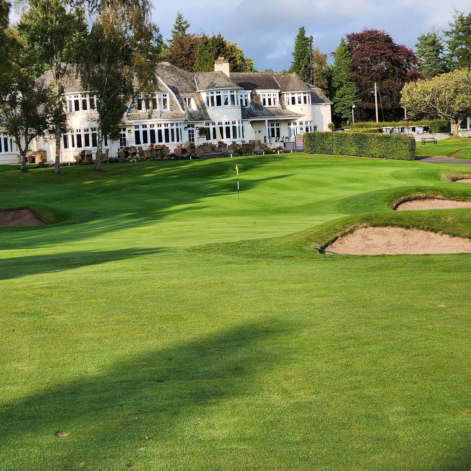 The Blairgowrie Golf Club, 18th green and bunkers in front of the clubhouse, Perthshire