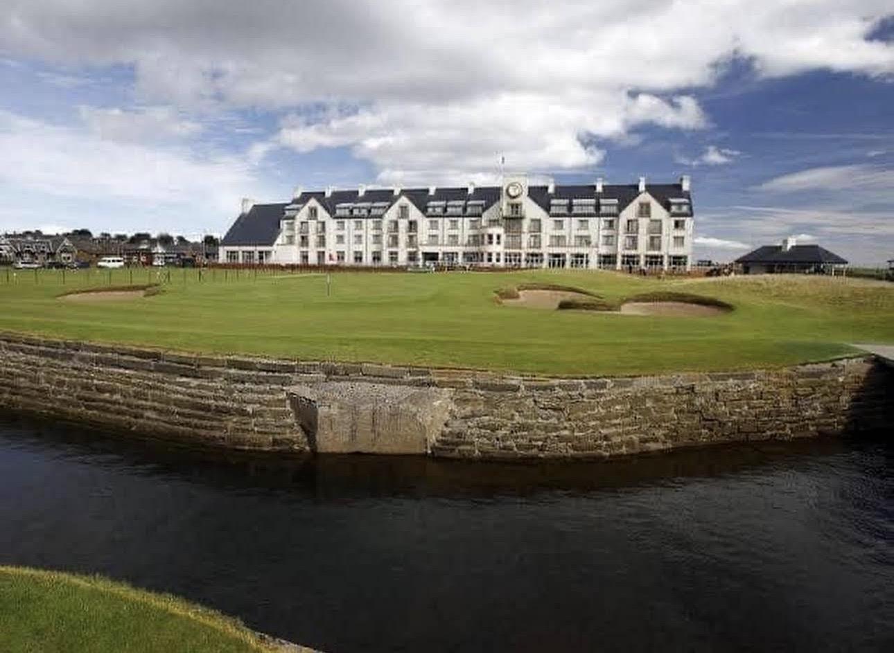 Carnoustie Golf Links Championship Course, the closing links holes and clubhouse, Angus, Scotland