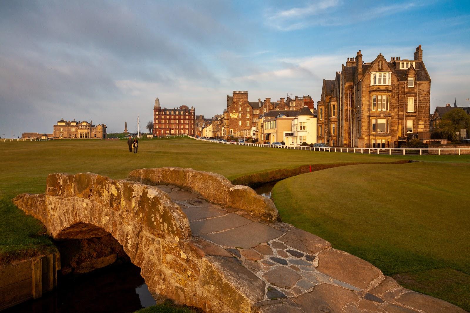 The Old Course at St Andrews, the Swilcan Bridge and 18th fairway in front of the town, Scotland