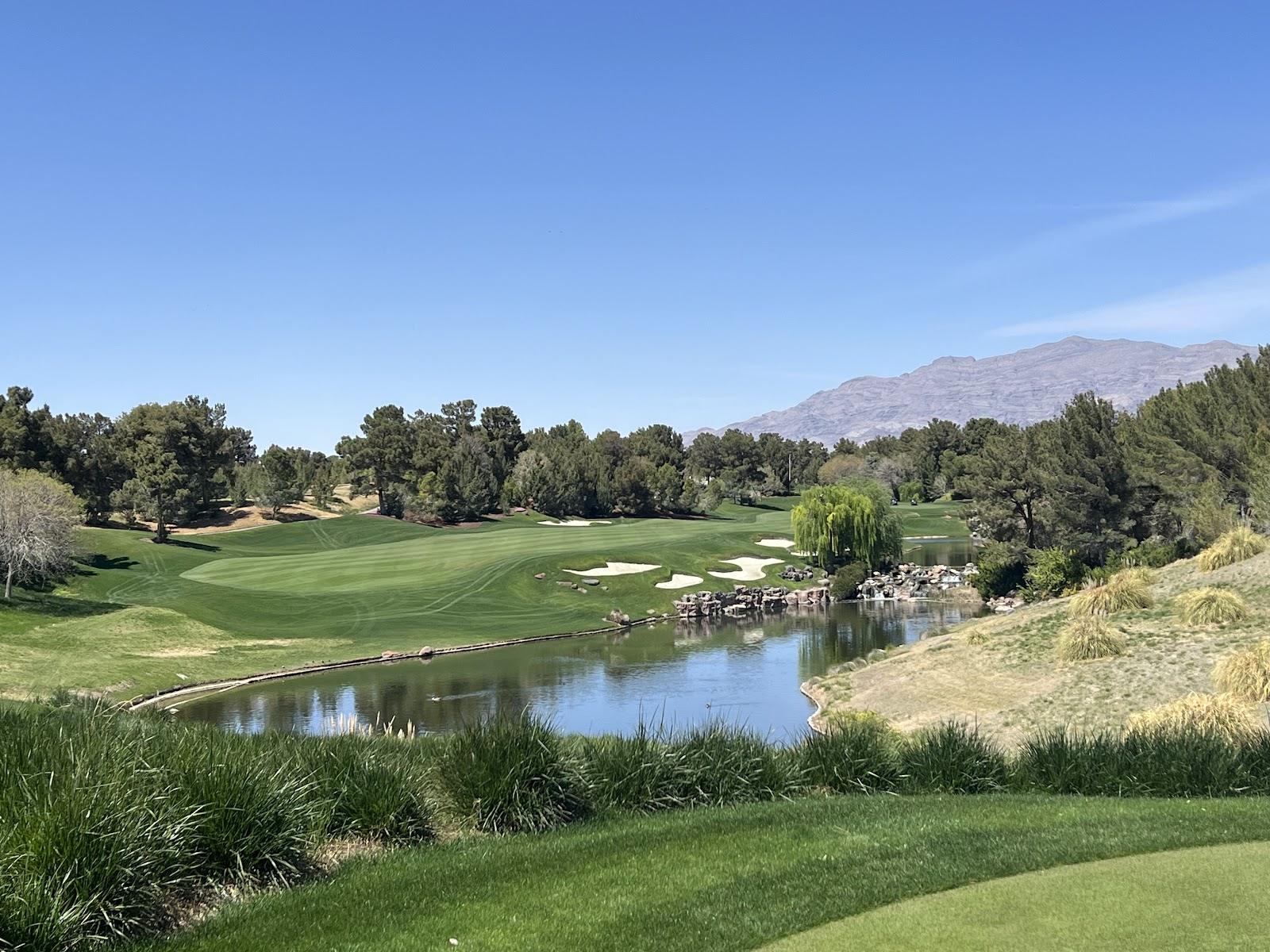 Shadow Creek Golf Course, manicured fairways and pines in the Las Vegas desert