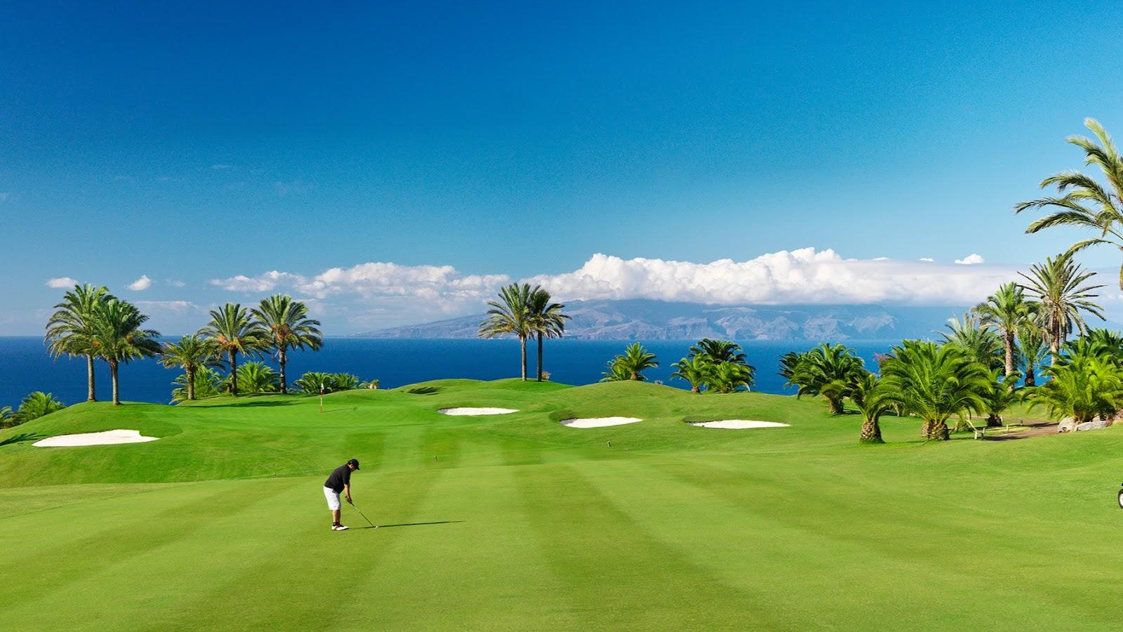 Abama Golf, Tenerife, Atlantic clifftop fairway in winter sun, Canary Islands