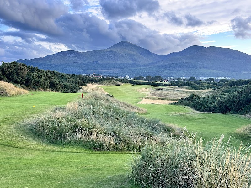 Royal County Down, dunes and gorse beneath the Mountains of Mourne, Newcastle, Northern Ireland