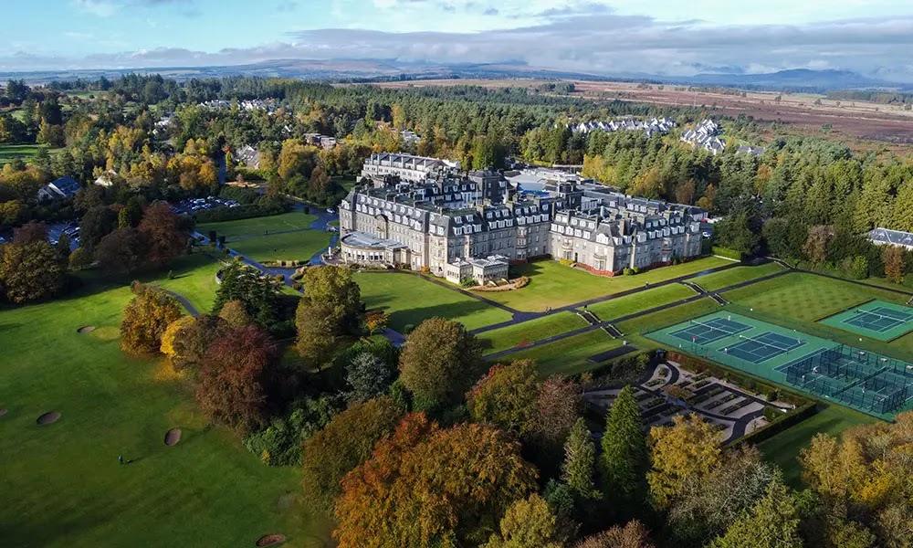 Gleneagles golf resort, Perthshire, Scotland, moorland fairways below the Ochil and Grampian hills