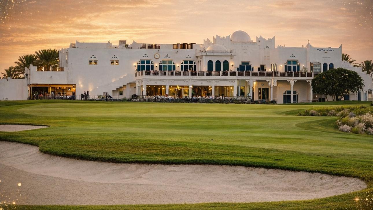 Doha Golf Club desert fairways with the Doha skyline beyond in Qatar