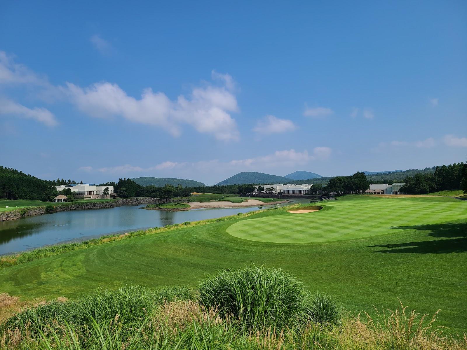 Nine Bridges Golf Club, Jeju Island, South Korea, fairways through pine forest below Mount Halla