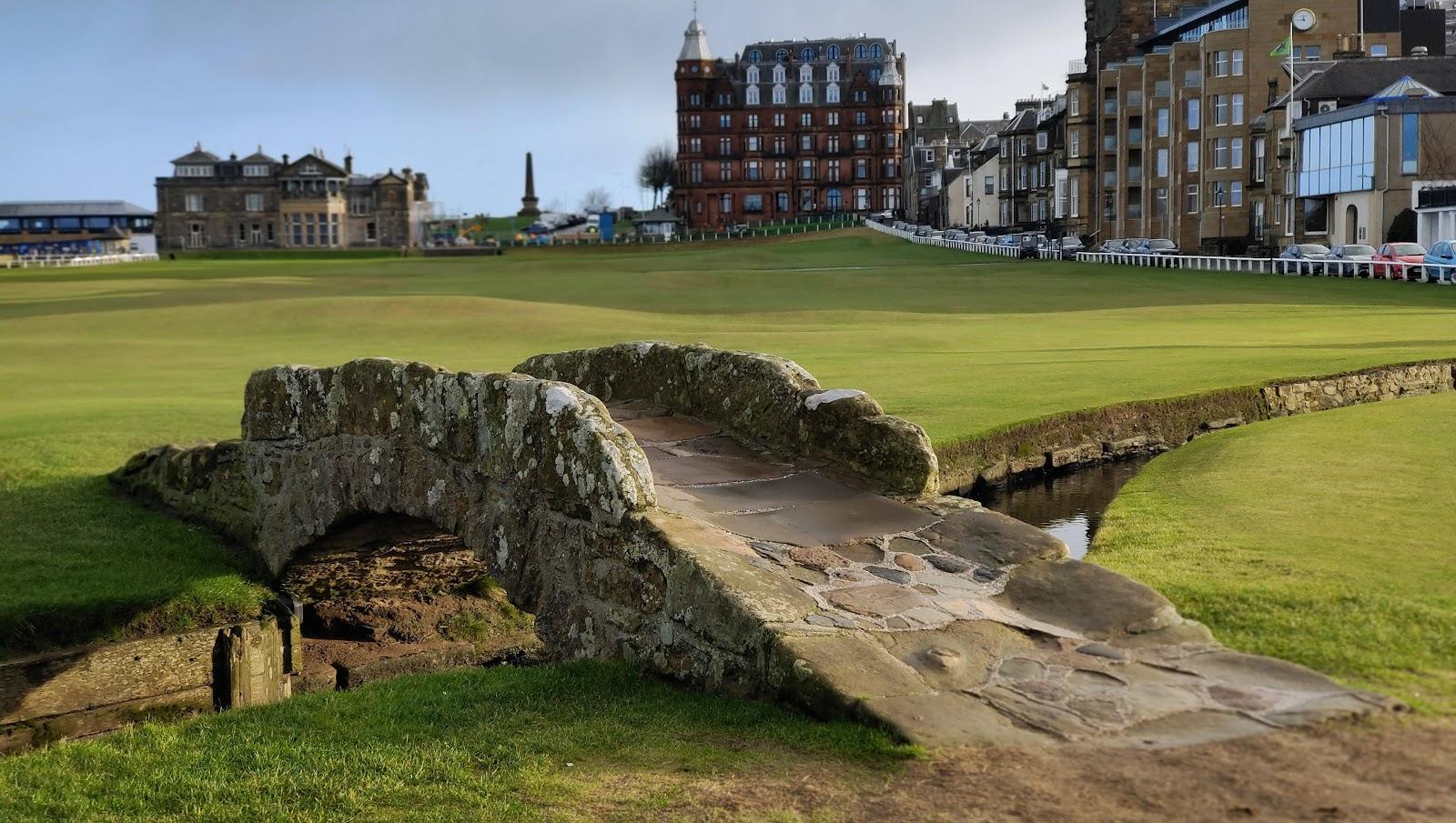 The Swilcan Bridge and the closing holes of the Old Course at St Andrews